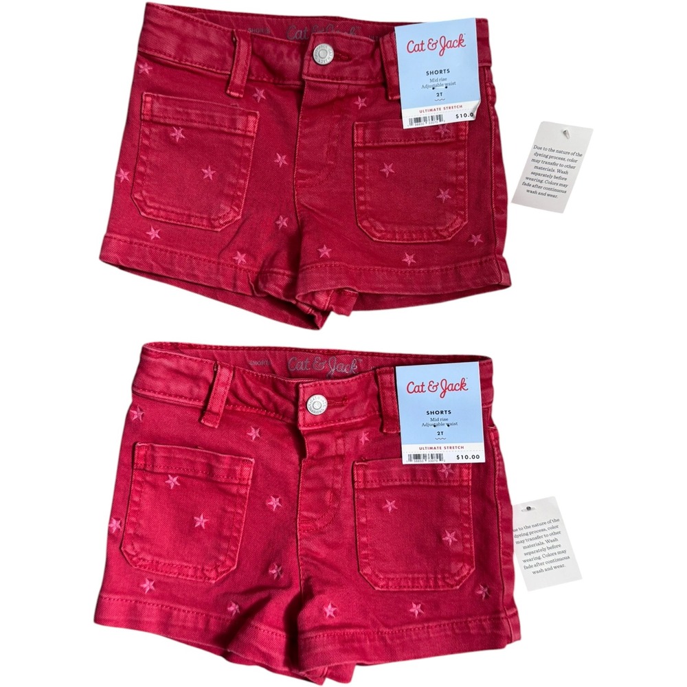 Cat & Jack Girls 2T Red Star Embroidered Ultimate Stretch Shorts‎ Set of 2 NWT